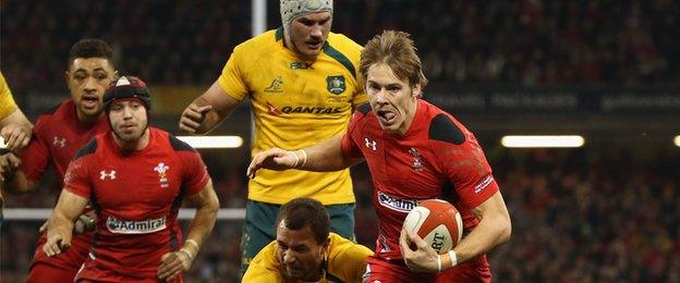 Liam Williams in action against Australia with Wales team-mates Leigh Halfpenny (left foreground) and Taulupe Faletau in support