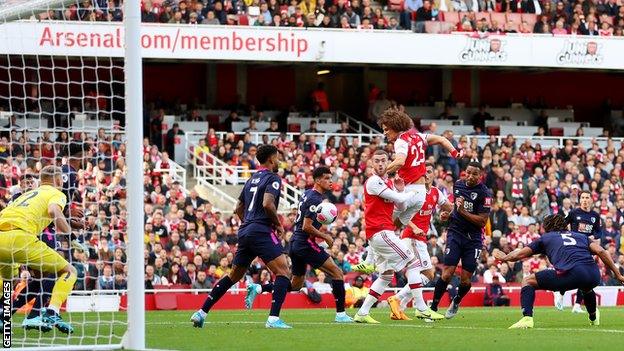 David Luiz scores a header for Arsenal against Bournemouth