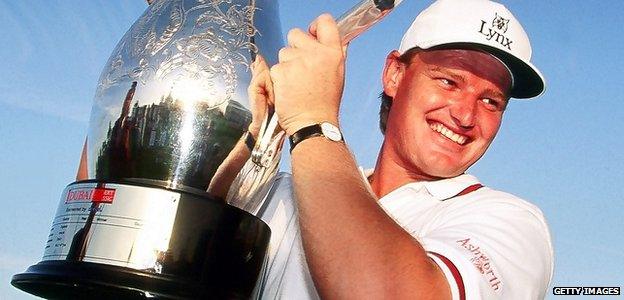 Ernie Els with the trophy after the final round of the 1994 Dubai Desert Classic on the Majilis Course at The Emirates Golf Club on 30 January, 1994