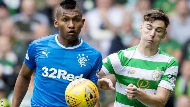 Rangers' Alfredo Morelos and Celtic's Kieran Tierney