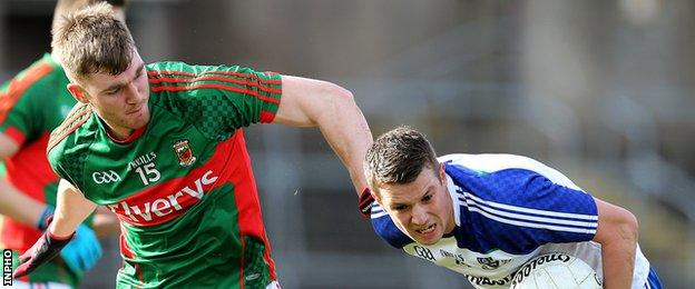 Mayo's Conor O'Shea challenges Monaghan's Ryan Wylie at Clones