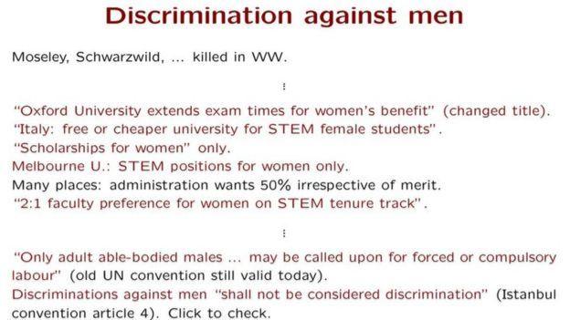 Prof Strumia claimed there were examples where men were discriminated against