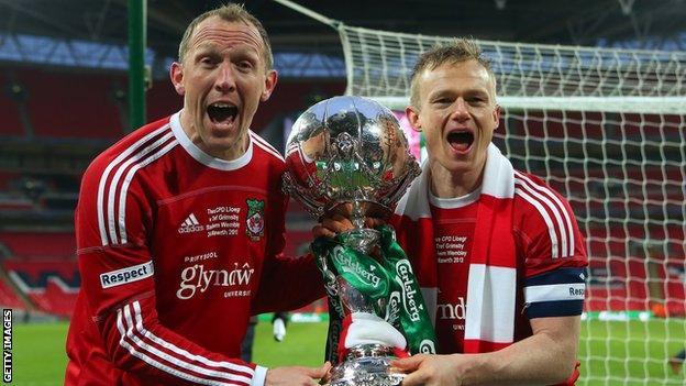 Ex-Wrexham player-boss Andy Morrell celebrates winning the 2013 FA Trophy with Dean Keates, who would also go on to manage the Dragons