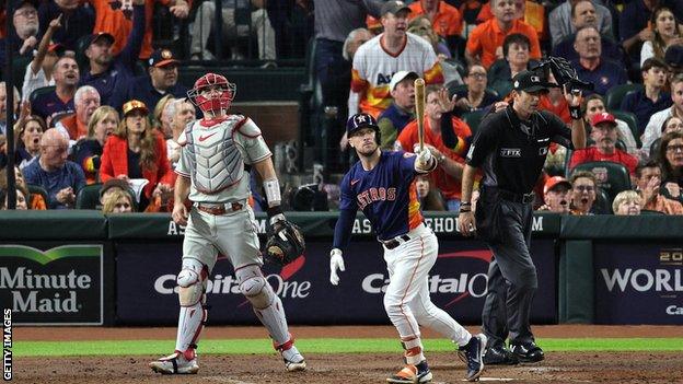 Houston Astros third baseman Alex Bregman hits a home run