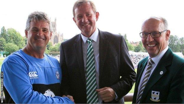 Tom Scott's appointment as CEO was warmly welcomed by the county's director of cricket Steve Rhodes (left) and chairman Stephen Taylor (right)