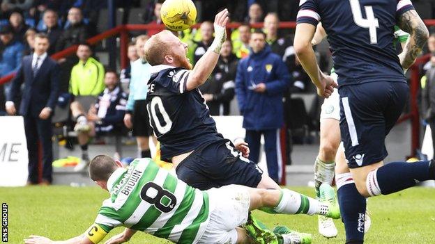 Scott Brown was sent off for a late tackle on Ross County striker Liam Boyce