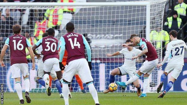 West Ham striker Marko Arnautovic scores the only goal of the game against Chelsea