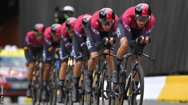 Team Ineos at stage two of the Tour de France 2019