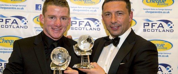 Aberdeen boss Derek McInnes and winger Jonny Hayes pick up the 2013/2014 PFA Scotland Manager of the Year and Goal of the Season awards