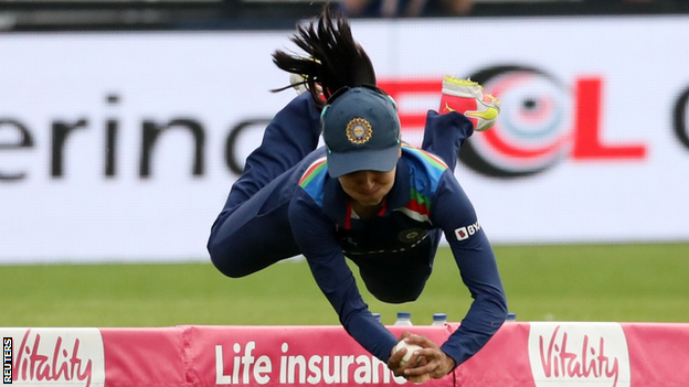 Harleen Deol takes a sensational catch to remove England's Amy Jones