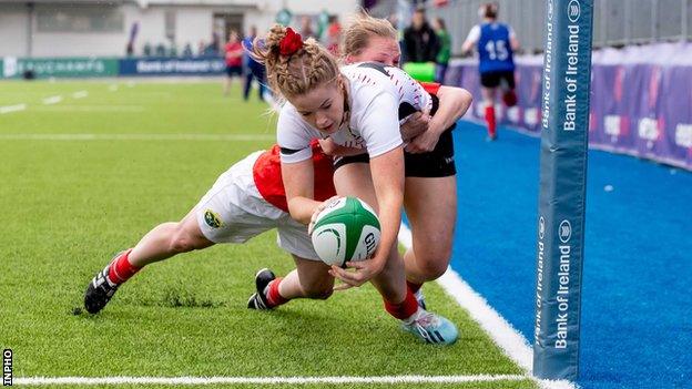 Ulster's Diane Ramsey attempts to score in the corner in an interprovincial clash against Munster in 2019