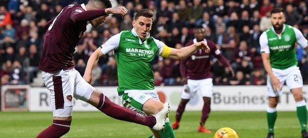 Kyle Lafferty (left) gives Hearts the lead after a mistake by Lewis Stevenson (not pictured)