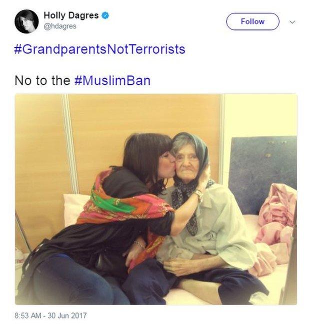 Holly Dagres tweets a photo of her grandmother with the caption: "#GrandparentsNotTerrorists No to the #MuslimBan".