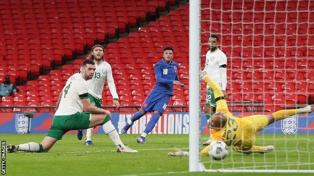 England's Jadon Sancho scores against Republic of Ireland