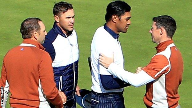 (l-r) Sergio Garcia, Brooks Koepka, Tony Finau and Rory McIlroy