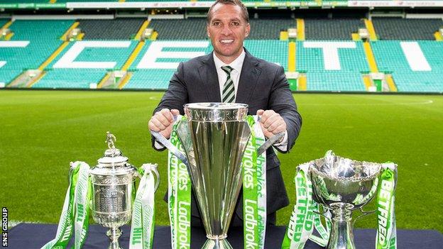 Celtic manager Brendan Rodgers has landed an unbeaten treble in his first season