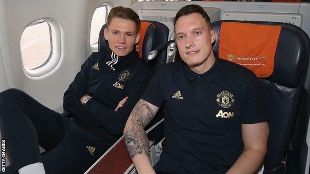 Manchester United players Scott McTominay and Phil Jones travel to a European away fixture