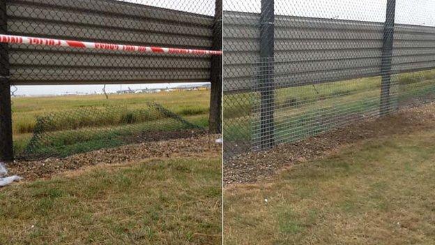 Cut fence at Heathrow (left) and repaired fence (right)