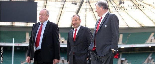 Eddie Jones tours Twickenham with RFU chairman Bill Beaumont (left) and chief executive Ian Ritchie (right)