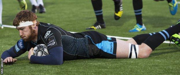 Rob Harley scores a try in a victory over Zebre at Scotstoun