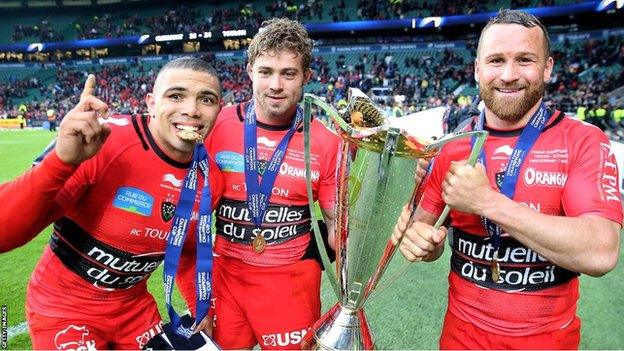 Bryan Habana, Leigh Halfpenny and Matt Giteau celebrate Toulon's 2015 Champions Cup win