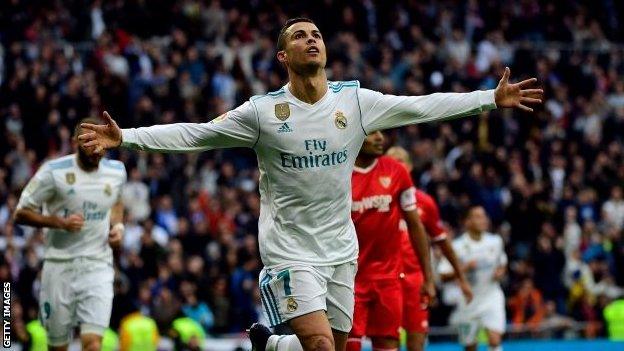 Cristiano Ronaldo celebrates scoring for Real Madrid against Sevilla