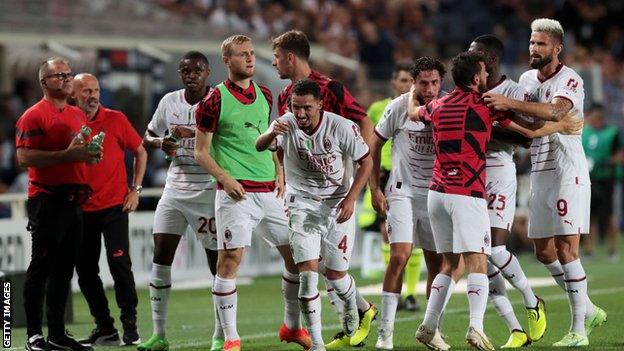 Ismael Bennacer celebrates scoring for AC Milan