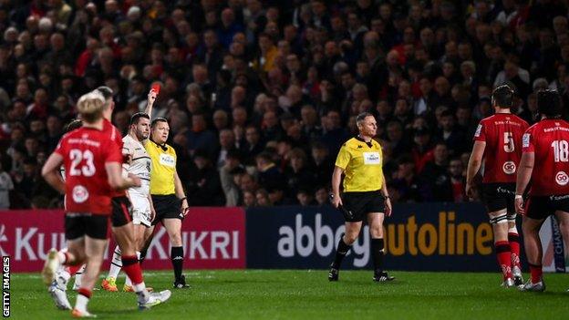 Referee Matthew Carley shows Ulster's Tom O'Toole a red card