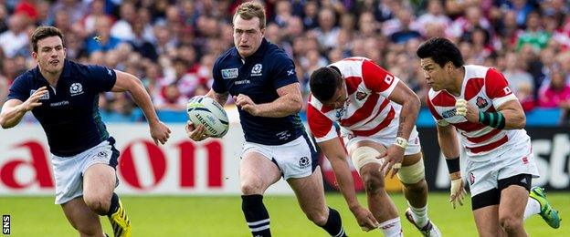 Stuart Hogg on the charge for Scotland against Japan