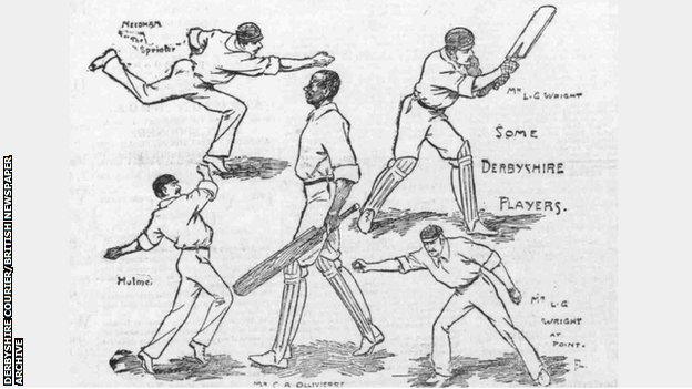 Cartoon of the Derbyshire CCC in 1903, including Charles Ollivierre