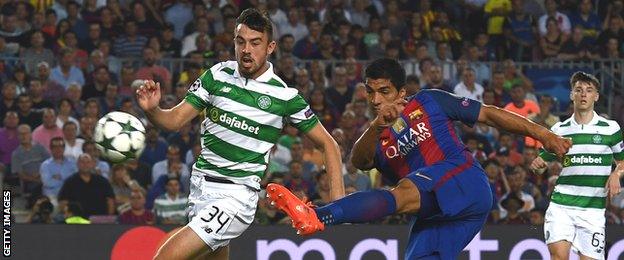 Luis Suarez volleys home Barca's sixth goal as Eoghan O'Connell