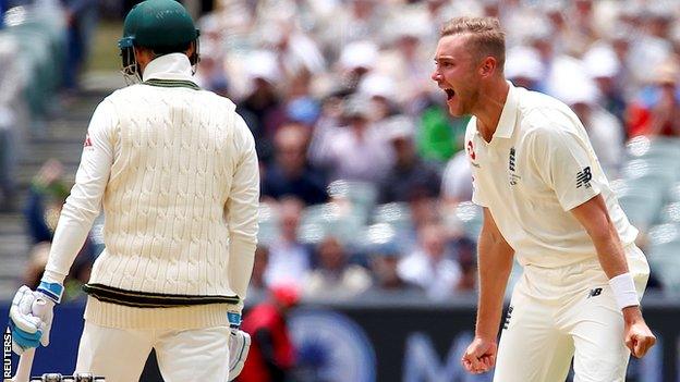 Stuart Broad gives Peter Handscomb a send-off early on day two