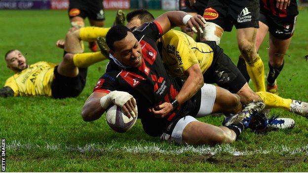 Gloucester wing David Halaifonua goes over for a disallowed try