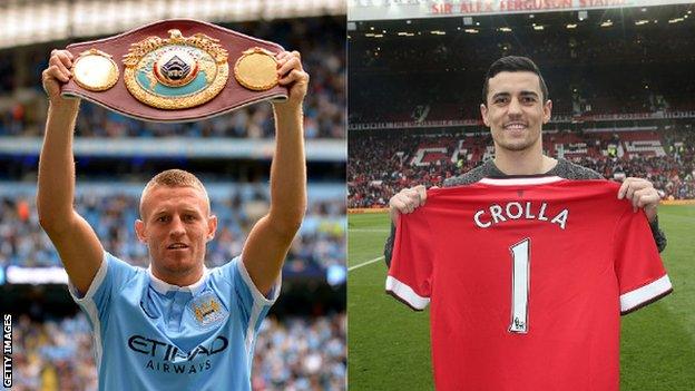 Image of Flanagan and Crolla with manchester City and Manchester United shirts respectively