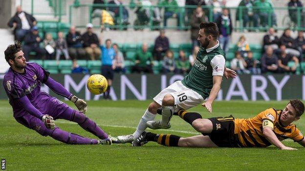 David Crawford (left) makes a save for Alloa Athletic against Hibernian