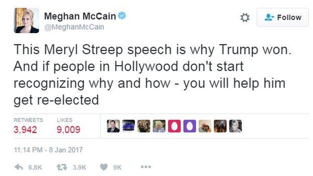 Meghan McCain tweets: "This Meryl Streep speech is why Trump won. And if people in Hollywood don't start recognizing why and how - you will help him get re-elected."