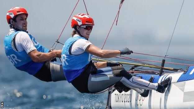 John Gimson and Anna Burnet of Great Britain competing in the mixed Nacra 17 class at Tokyo 2020