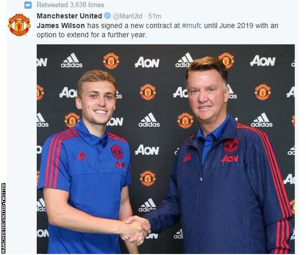 Manchester United striker James Wilson (left) and boss Louis van Gaal