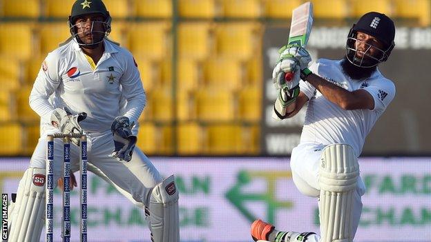 Moeen Ali batting in the first Test against Pakistan in Abu Dhabi