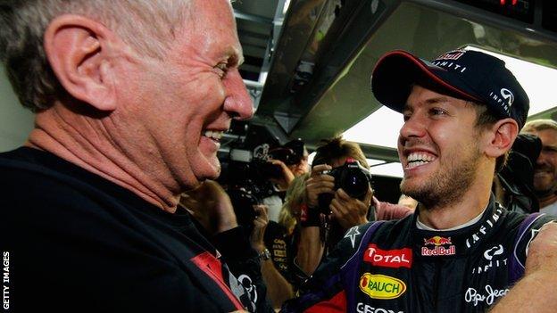 Sebastian Vettel celebrates the 2013 world title with Red Bull consultant Dr Helmut Marko