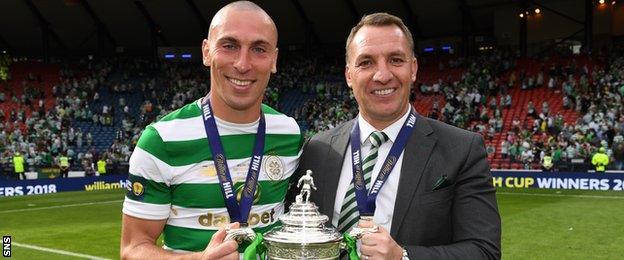 Scott Brown and Brendan Rodgers with the Scottish Cup