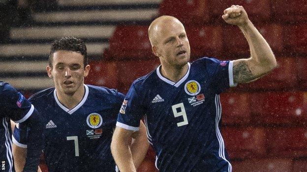 Steven Naismith celebrates scoring Scotland's second goal against Albania