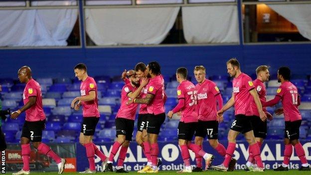 Derby celebrate a goal at St Andrew's