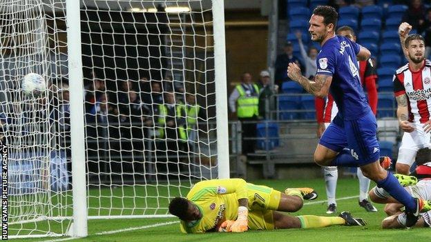 Sean Morrison opens the scoring for Cardiff City against Sheffield Utd