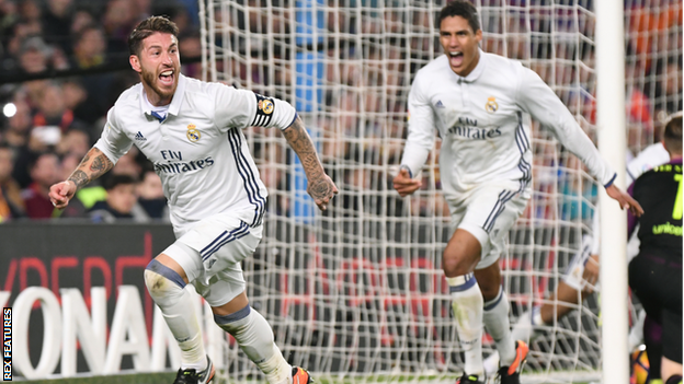 Sergio Ramos (left) celebrates scoring for Real Madrid against Barcelona