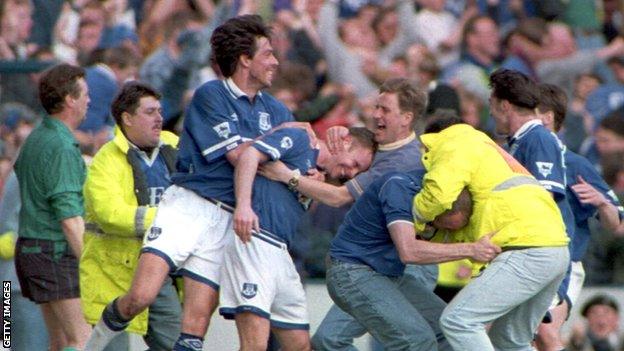 Everton celebrate avoiding Premier League relegation in 1994