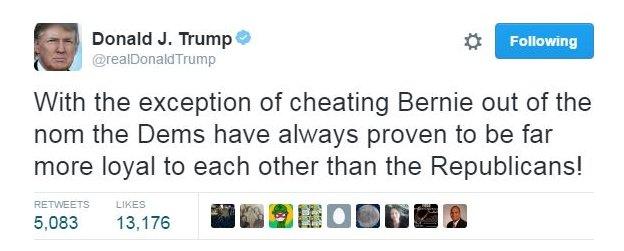 Donald Trump tweets: "With the exception of cheating Bernie out of the nom the Dems have always proven to be far more loyal to each other than the Republicans."