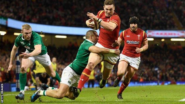 George North scores Wales' first try against Ireland in the Six Nations last year