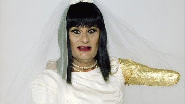 Artist Mike Parr dressed as a bride