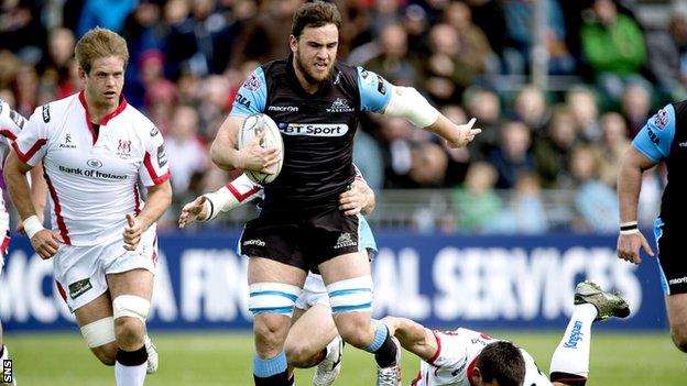 Adam Ashe carries for Glasgow against Ulster